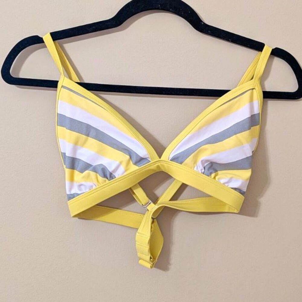 Kona Sol Yellow/White/Gray Striped Bikini Swim Top With Lined Fabric Size S